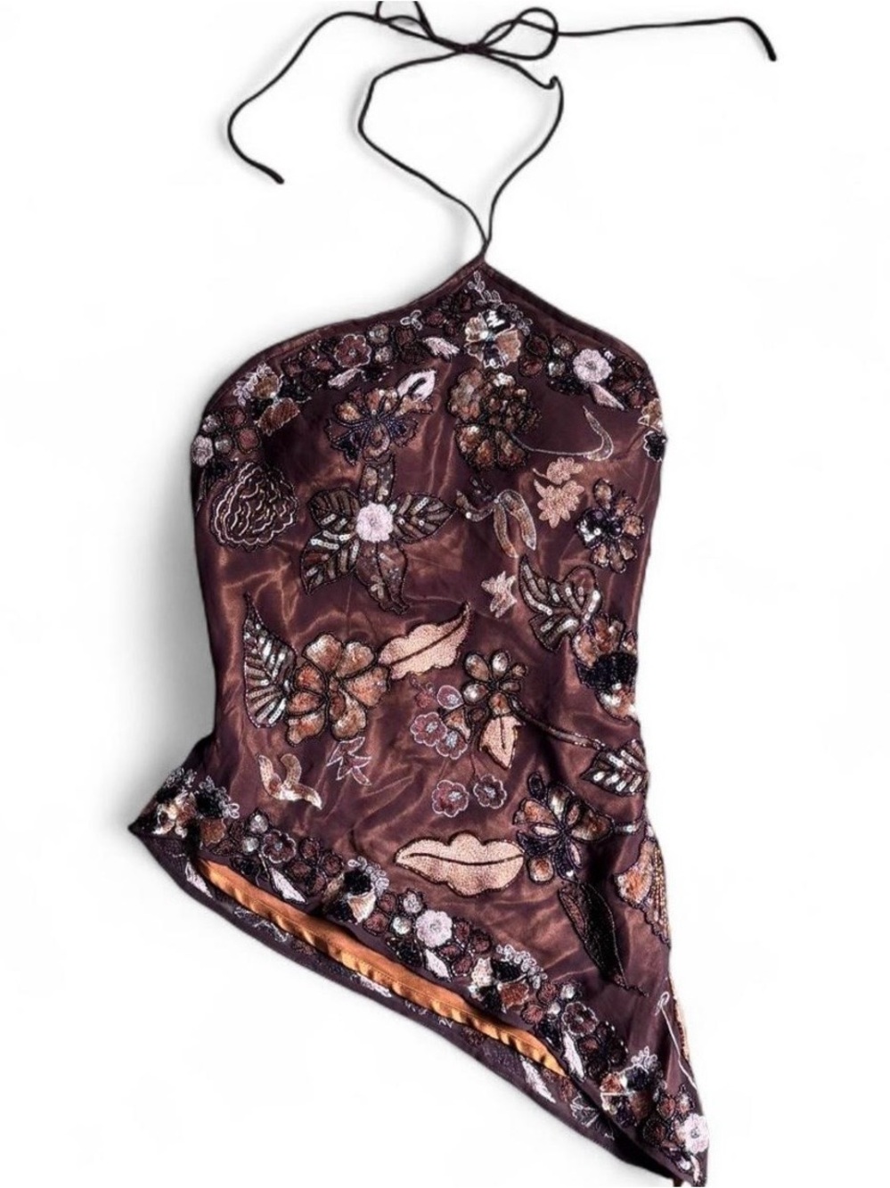 Scala Brown Embroidered Halter Camisole